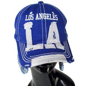 LA ~ Los Angeles Blue Distressed Cap with Swarovski Crystals.